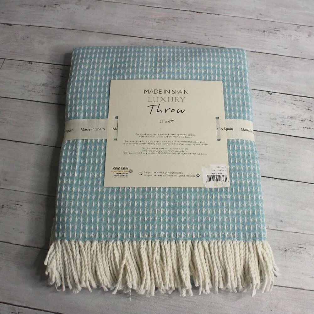 Made in Spain Throw Blanket Blue Cream with Fringe Cotton Blend